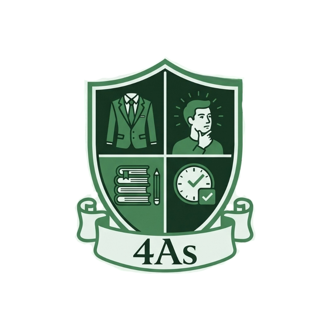 A green coat-of-arms style shield divided into four quadrants, positioned above a white scroll banner that reads "4As" in dark green text. The top-left quadrant displays a formal suit jacket and tie; the top-right shows a head-and-shoulders outline of a person with a hand on their chin in reflection; the bottom-left displays a stack of four books beside a upright pencil; and the bottom-right shows a wall clock with a checkmark.
